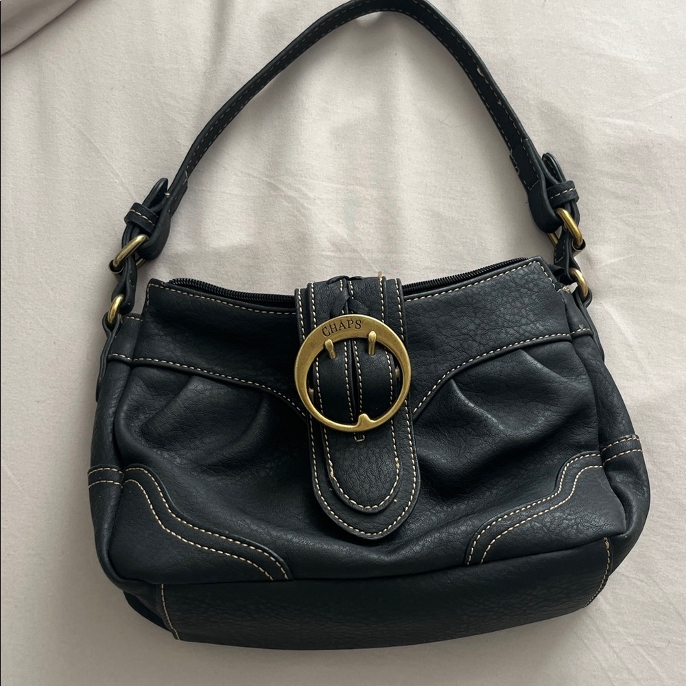 Chaps Black Leather Shoulder Bag with Gold Accents